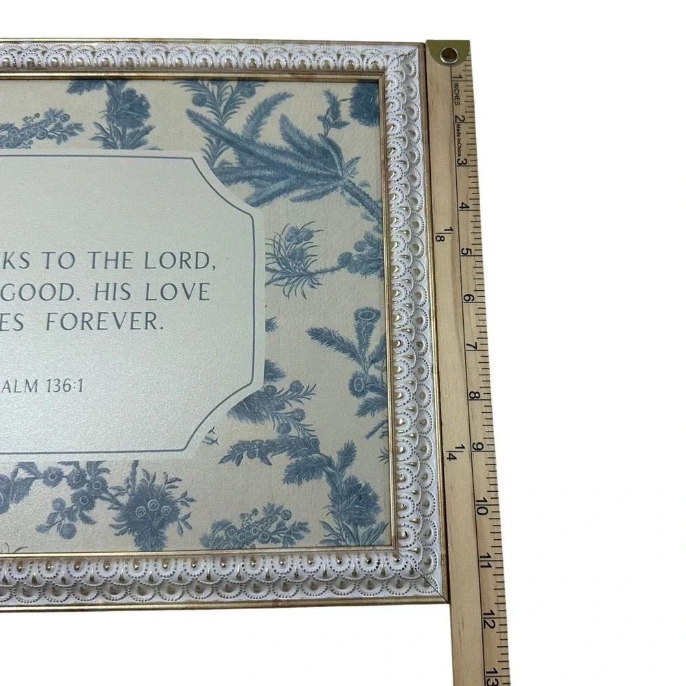 Petal Lane Home Psalm 136:1 Framed Wall Art Blue Toile Ornate White Gold 15x11